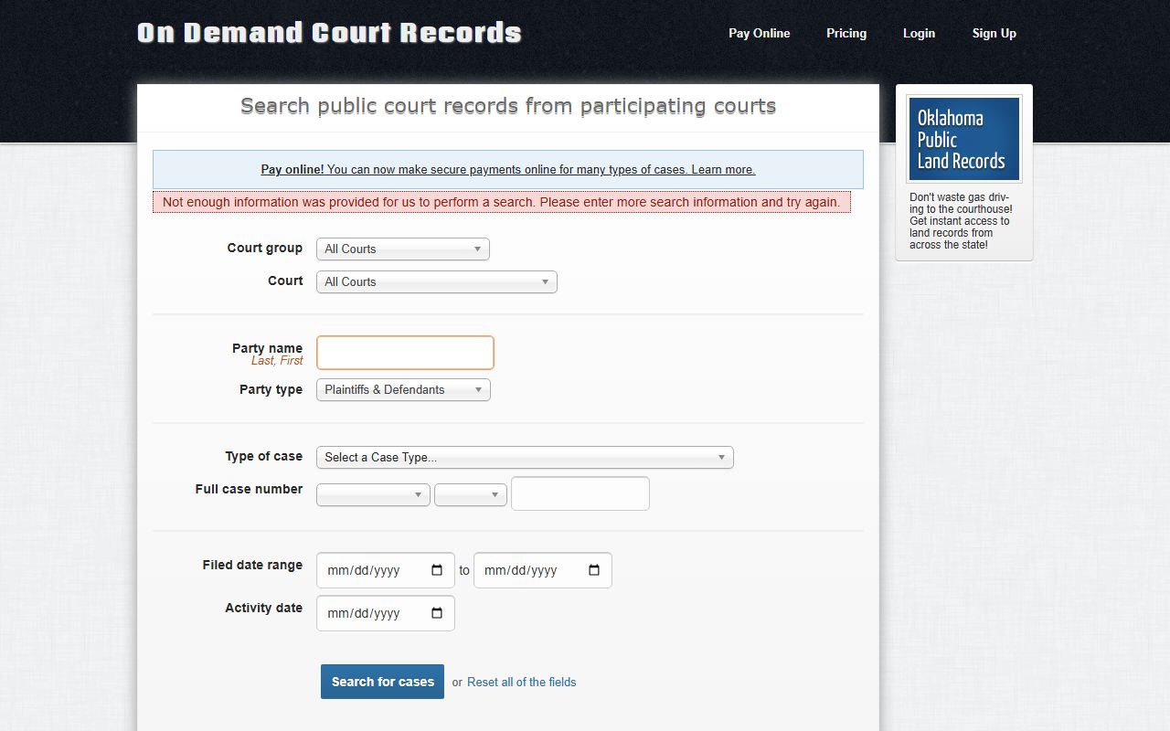 Grant County inmate population court records ODCR search form